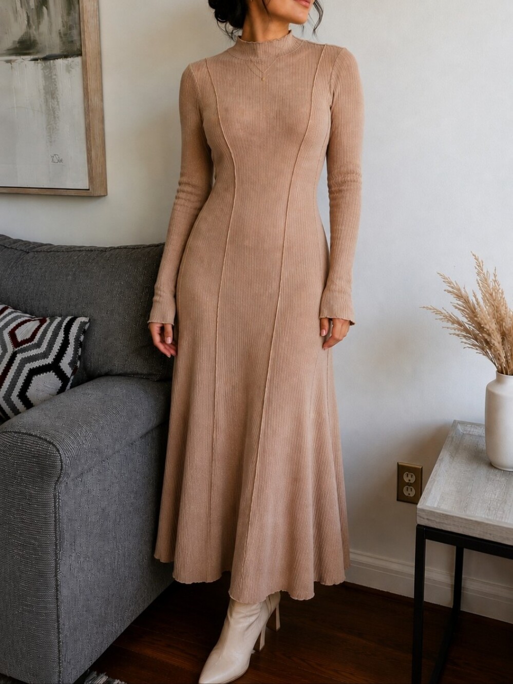 Mustard Seed Ribbed Long-Sleeve Maxi Dress in Camel Tan Size Large
